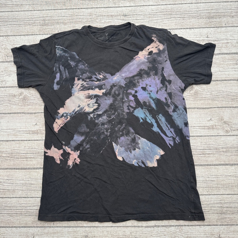 American Eagle T-Shirt Men's Large Black Eagle Watercolor Graphic Summer Skater